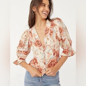 NWT Free People Floral Puff Sleeve top